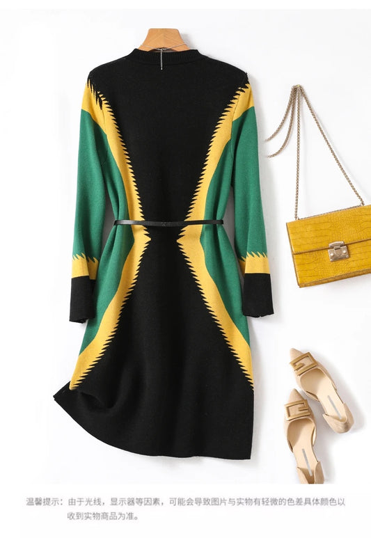 UNIKCOSA LuxeWool Contrast Jacquard Knitted Dress with Belt — Autumn/Winter Edition 🍂