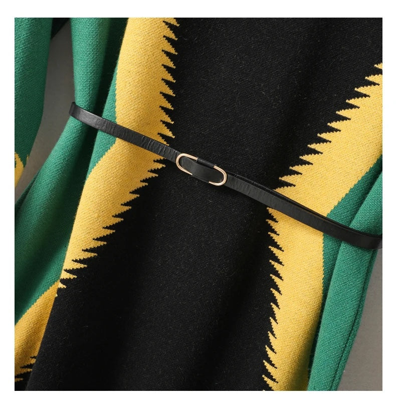 UNIKCOSA LuxeWool Contrast Jacquard Knitted Dress with Belt — Autumn/Winter Edition 🍂