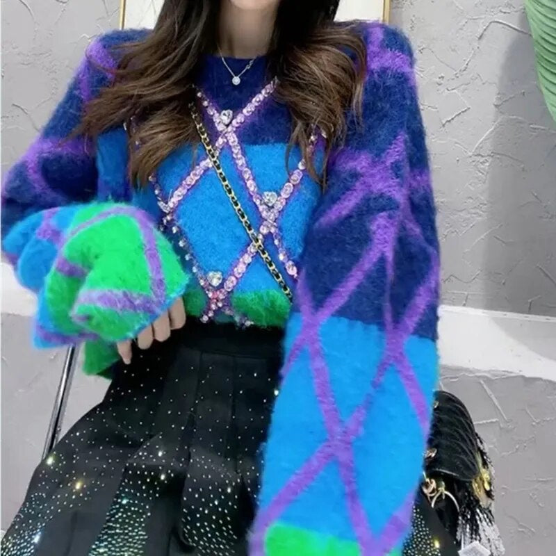 UNIKCOSA GemWeave Color-Contrast Diamond Beaded Sweater for Women 💎