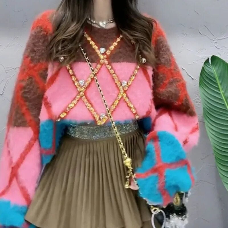 UNIKCOSA GemWeave Color-Contrast Diamond Beaded Sweater for Women 💎