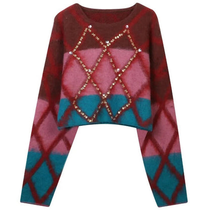 UNIKCOSA GemWeave Color-Contrast Diamond Beaded Sweater for Women 💎