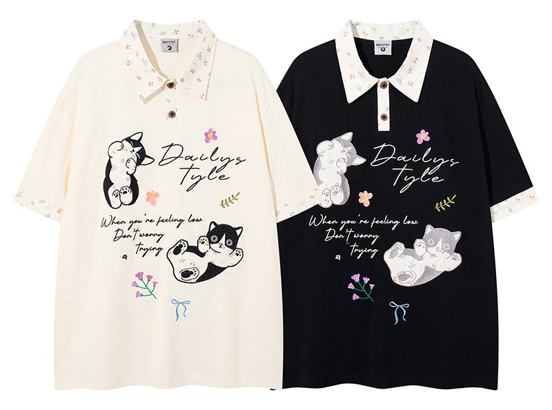 UNIKCOSA RetroMuse Cat Embroidered Short Sleeve Polo Shirt 💫