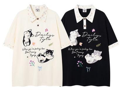 UNIKCOSA RetroMuse Cat Embroidered Short Sleeve Polo Shirt 💫