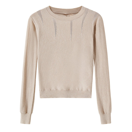 Chic Ladies' Beige Wool Blend Crew Neck Pullover Sweater for Fall