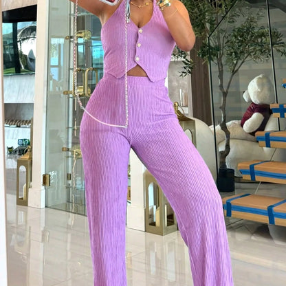 UNIKCOSA™ 2025 Summer Casual 2-Piece Pant Set – Sleeveless Vest Crop Top & Elastic Waist Wide-Leg Pants | Women’s Matching Outfit