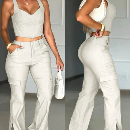 UNIKCOSA™ 2025 Summer/Fall Elegant 2-Piece Set – V-Neck Buttoned Vest Top & High-Waist Wide-Leg Pants with Pocket Design | Women’s Matching Suit