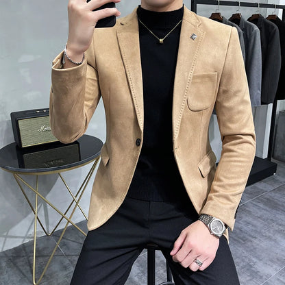 UNIKCOSA Men’s Suede Blazer – Slim Fit One-Button Plain Color Suit Jacket (6 Colors)