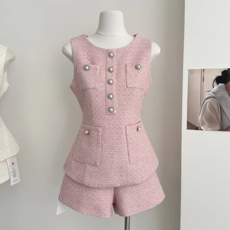 UNIKCOSA’s French Tweed 2-Piece Set — Sleeveless Vest Top + High-Waist Shorts