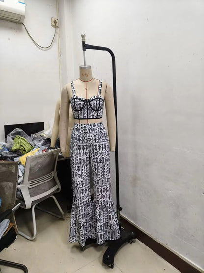 UNIKCOSA™ Printed 2-Piece Pant Set – Strapless Sling Top & High-Waist Flare Pants | Sexy Y2K Streetwear for Party & Work