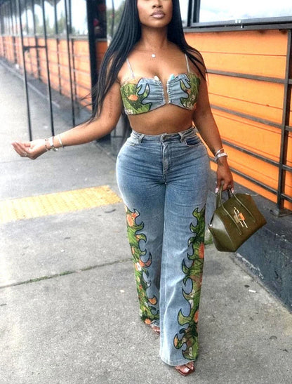 UNIKCOSA’s 2025 Floral Denim Set — Crop Top + Wide-Leg Jeans Streetwear Chic