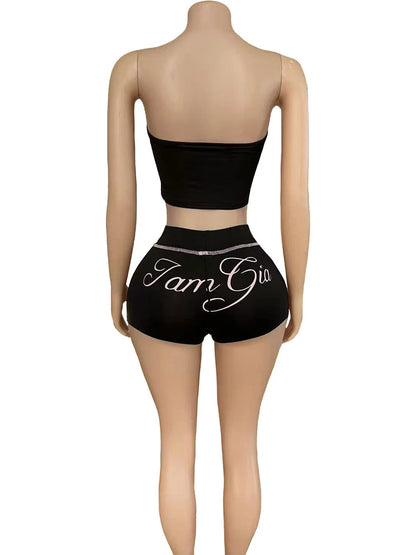 UNIKCOSA’s Bold Letter Print 2-Piece Set — Strapless Tube Top + Stretch Shorts