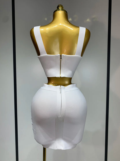 UNIKCOSA’s 2025 Monochrome Bandage Set — Sexy Crop Top + Bodycon Mini Skirt (White & Black)