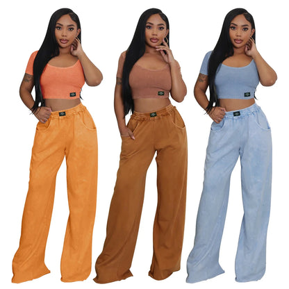 UNIKCOSA’s Distressed Tracksuit Set — U-Neck Crop Top + Wide-Leg Pants Elegance