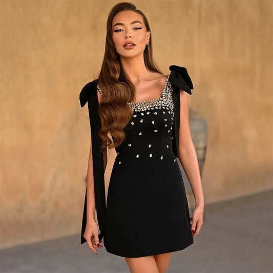 UNIKCOSA’s Crystal Square Collar Mini Dress — Sleeveless Black Bandage Bodycon Party Elegance