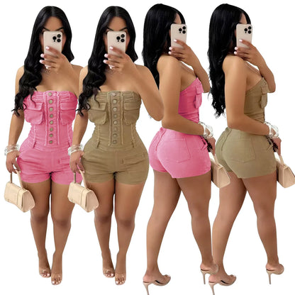 UNIKCOSA™ 2025 Party Strapless Playsuit – Sexy Sleeveless One-Piece Romper with Pockets | Women’s High-Waist Y2K Streetwear Outfit
