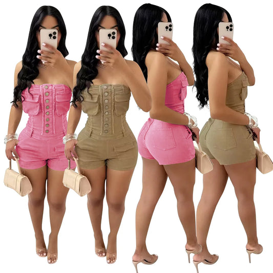 UNIKCOSA™ 2025 Party Strapless Playsuit – Sexy Sleeveless One-Piece Romper with Pockets | Women’s High-Waist Y2K Streetwear Outfit