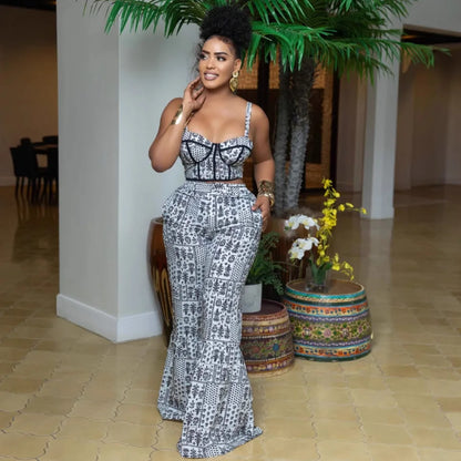 UNIKCOSA™ Printed 2-Piece Pant Set – Strapless Sling Top & High-Waist Flare Pants | Sexy Y2K Streetwear for Party & Work