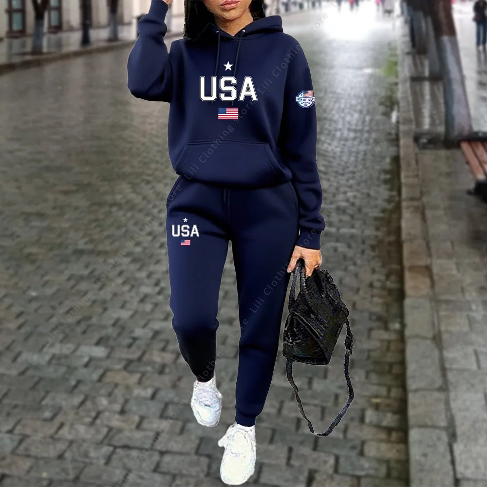 UNIKCOSA’s USA Letter Tracksuit — Hoodie + Jogger Pants 2-Piece Autumn/Winter Set