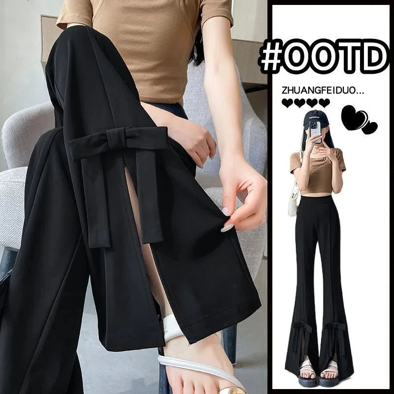UNIKCOSA’s Bow-Slit Horseshoe Pants — High-Waist Slim Ice Silk Trousers