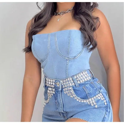 UNIKCOSA™ 2025 Summer Denim Tank Top – Sexy Solid Bandeau Crop Vest with Back Zipper | Women’s Sleeveless Hot Girl Casual Outfit