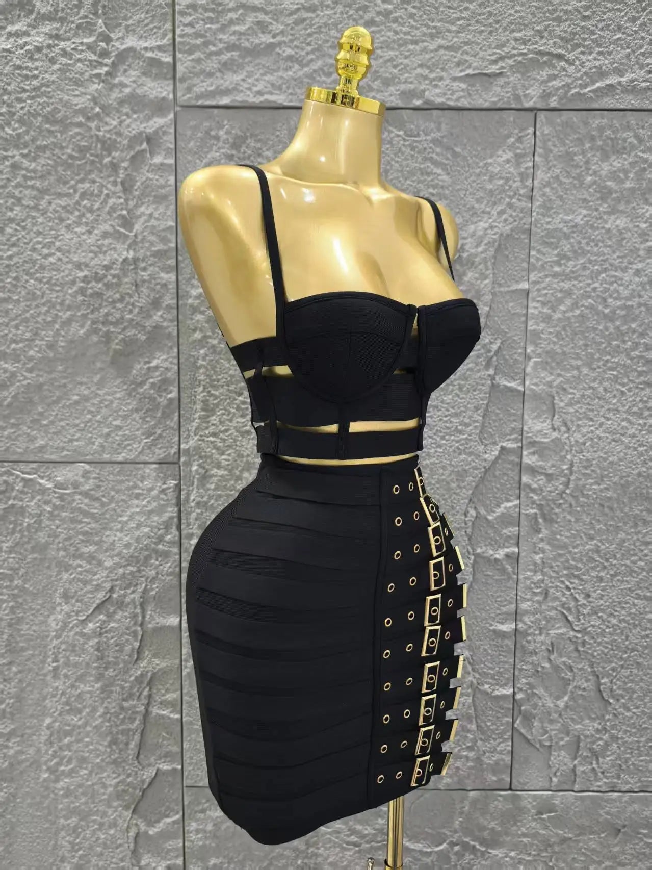 UNIKCOSA’s Black Bandage 2-Piece Set — Sexy Strap Crop Top + Bodycon Mini Skirt Nightclub Outfit