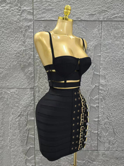 UNIKCOSA’s Black Bandage 2-Piece Set — Sexy Strap Crop Top + Bodycon Mini Skirt Nightclub Outfit