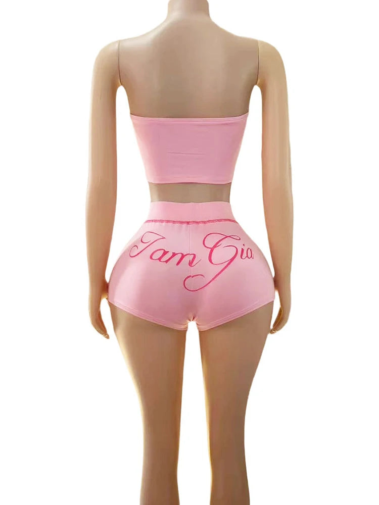 UNIKCOSA’s Bold Letter Print 2-Piece Set — Strapless Tube Top + Stretch Shorts