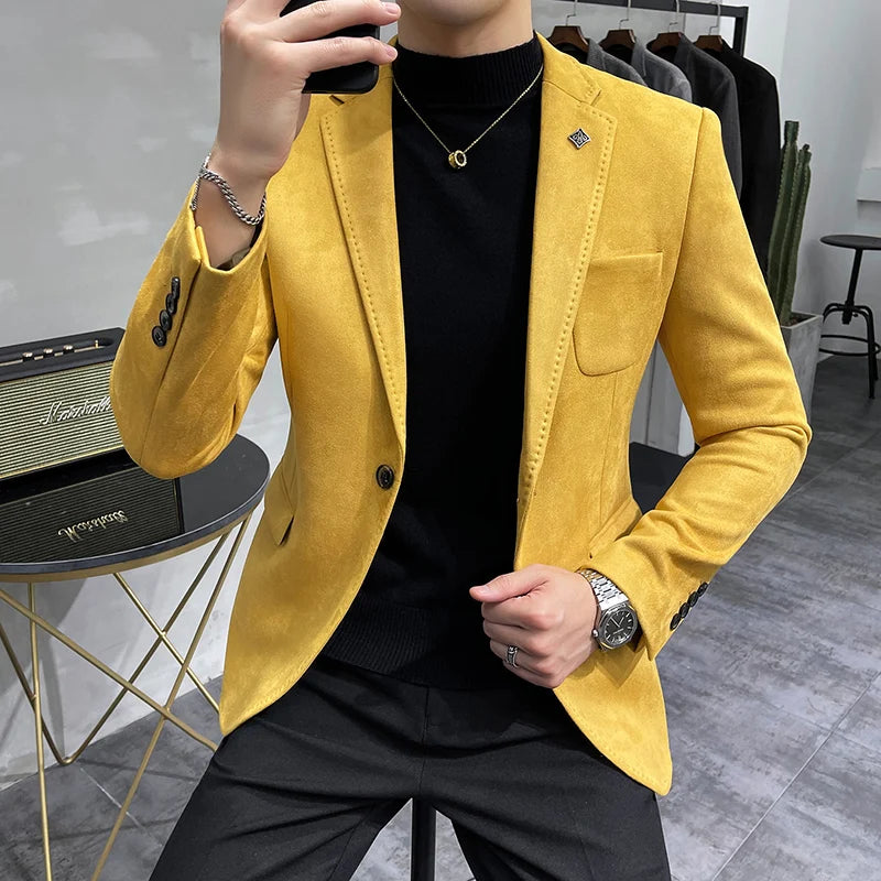 UNIKCOSA Men’s Suede Blazer – Slim Fit One-Button Plain Color Suit Jacket (6 Colors)