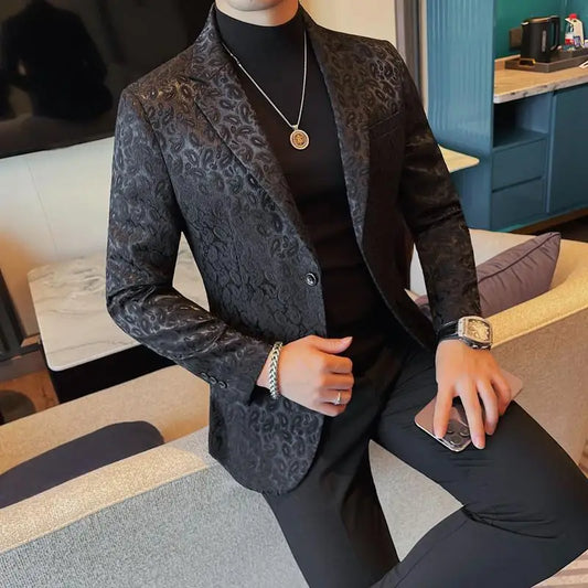 UNIKCOSA Men’s Black Floral Blazer – Slim Fit Single-Breasted Luxury Suit Jacket (Autumn/Winter Edition)