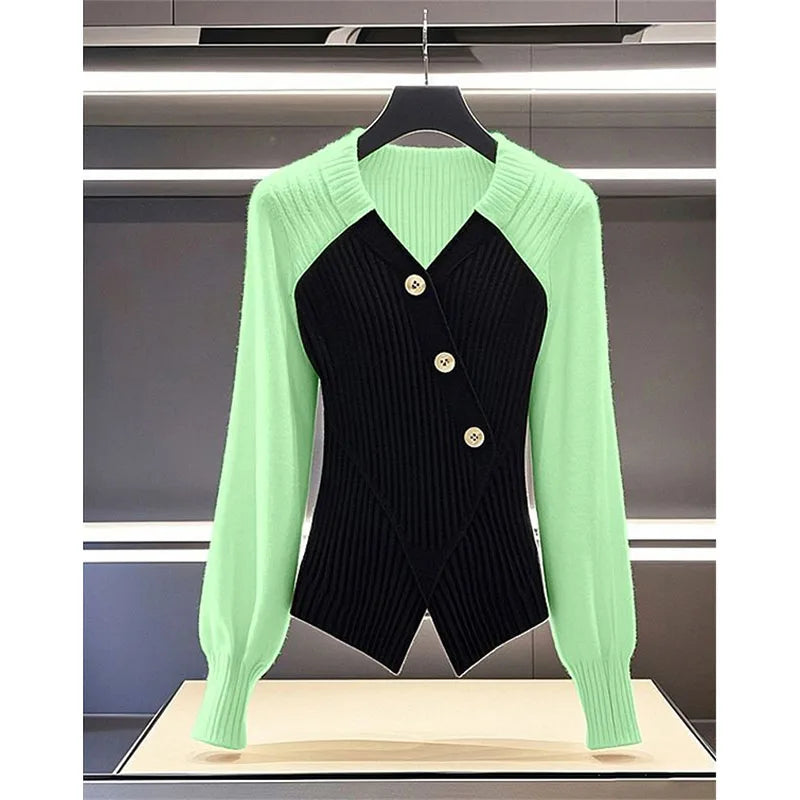 UNIKCOSA’s 2025 Color Block Knit Sweater — Slim Long-Sleeve Pullover Top