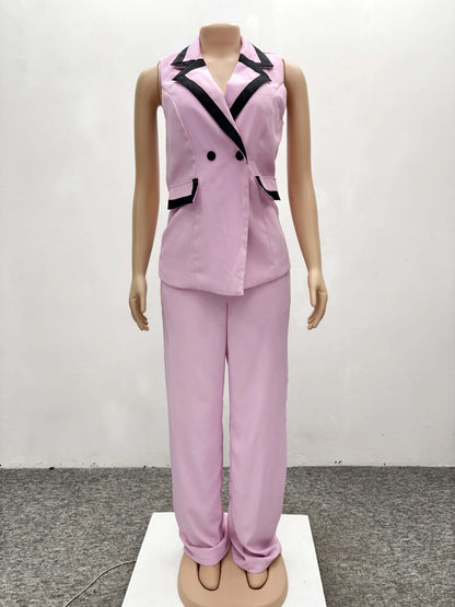 UNIKCOSA™ Pink 2-Piece Pant Set – Elegant Double-Breasted Vest Top & High-Waist Wide-Leg Pants | Women’s Y2K Work & Streetwear Outfit