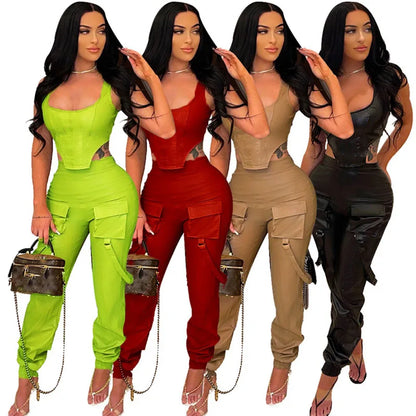 UNIKCOSA™ Luxe PU Faux Leather 2-Piece Set – Sexy Crop Top & Cargo Pants with Pockets | Women’s Clubwear Matching Outfit
