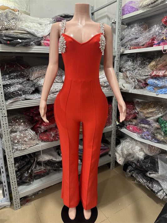 UNIKCOSA’s Strappy Rhinestone Jumpsuit — Red & Black One-Piece Bandage Elegance