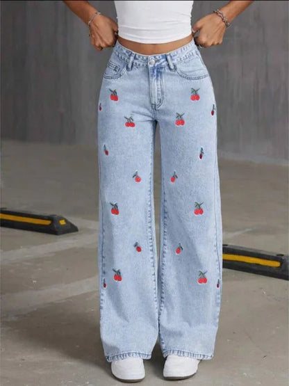 UNIKCOSA’s Vintage Embroidered Denim — High-Waist Distressed Wide-Leg Jeans