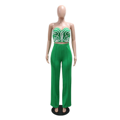 UNIKCOSA’s 2025 Strapless 2-Piece Party Set — 3D Print Crop Top + High-Waist Straight Pants