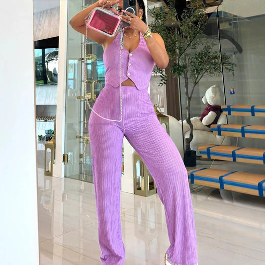 UNIKCOSA™ 2025 Summer Casual 2-Piece Pant Set – Sleeveless Vest Crop Top & Elastic Waist Wide-Leg Pants | Women’s Matching Outfit