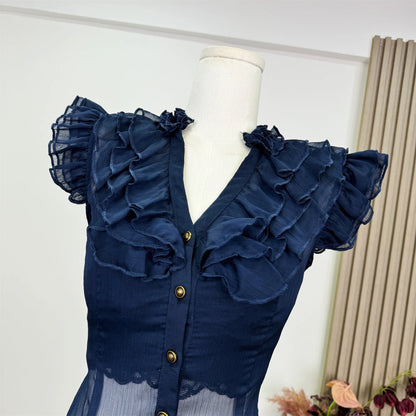 UNIKCOSA’s 2025 French Vintage Ruffle Blouse — Sleeveless V-Neck Coquette Chic