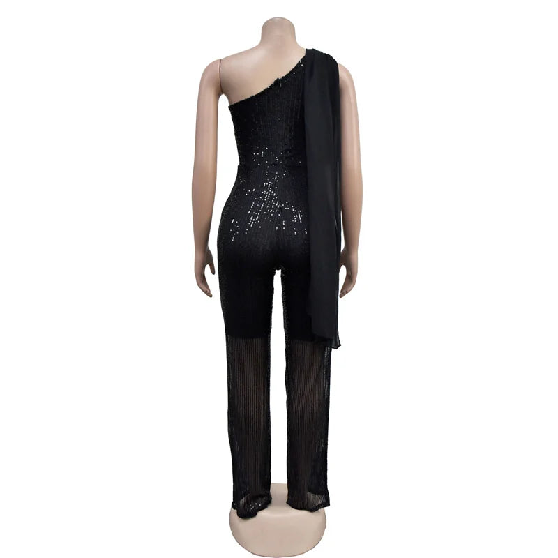 UNIKCOSA’s Glitter One-Shoulder Jumpsuit — Shiny Sequin Straight-Leg Party Romper