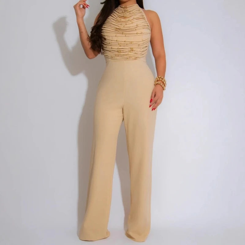 UNIKCOSA™ 2025 Beaded Halter Jumpsuit – Sexy Backless Wide-Leg One-Piece Outfit | Women’s Fitted Romper for Clubwear & Summer Parties