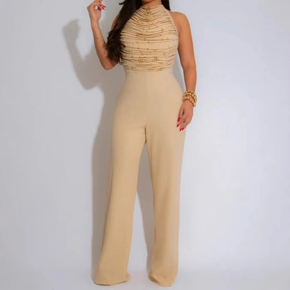 UNIKCOSA™ 2025 Beaded Halter Jumpsuit – Sexy Backless Wide-Leg One-Piece Outfit | Women’s Fitted Romper for Clubwear & Summer Parties