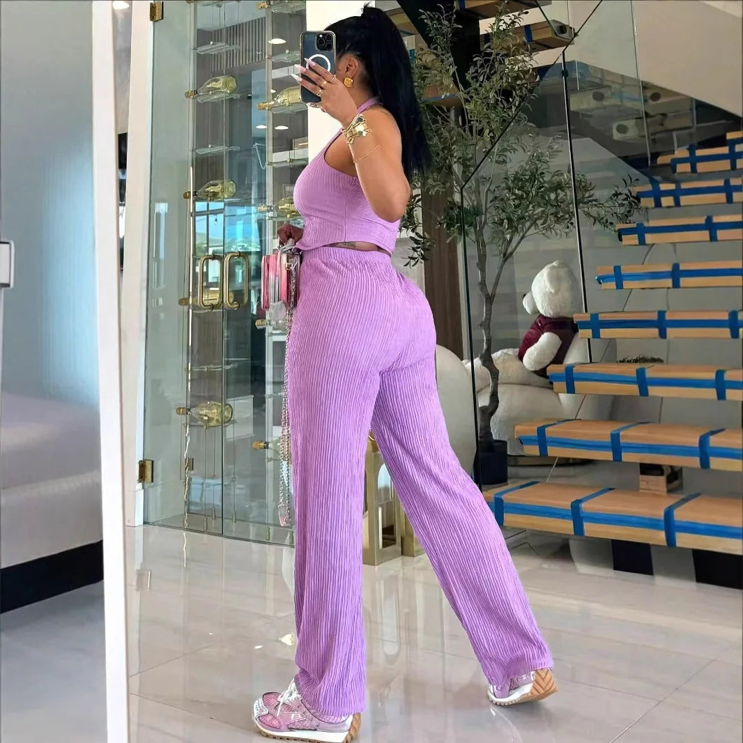 UNIKCOSA™ 2025 Summer Casual 2-Piece Pant Set – Sleeveless Vest Crop Top & Elastic Waist Wide-Leg Pants | Women’s Matching Outfit