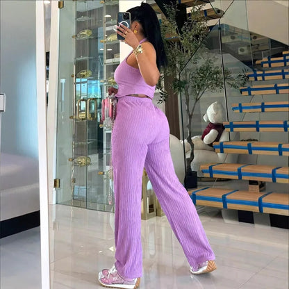 UNIKCOSA™ 2025 Summer Casual 2-Piece Pant Set – Sleeveless Vest Crop Top & Elastic Waist Wide-Leg Pants | Women’s Matching Outfit