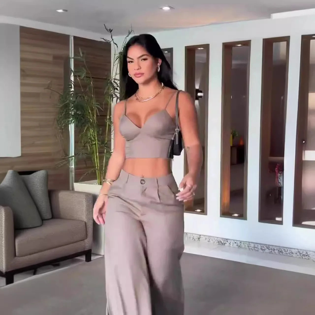 UNIKCOSA™ Elegant 2-Piece Pant Set – Sexy Sleeveless V-Neck Crop Top & High-Waist Wide-Leg Pants | Women’s Slim Fit Matching Outfit