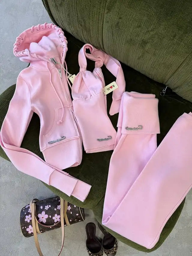 UNIKCOSA’s Y2K Sportswear Set — Pink & Blue Slim Hoodie + Casual Pants 2-Piece