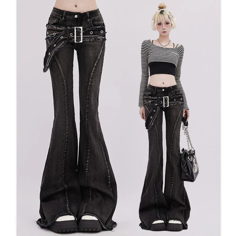 UNIKCOSA’s Retro Micro-Flare Jeans — Slim Straight Pants with Belt & Bristled Detail