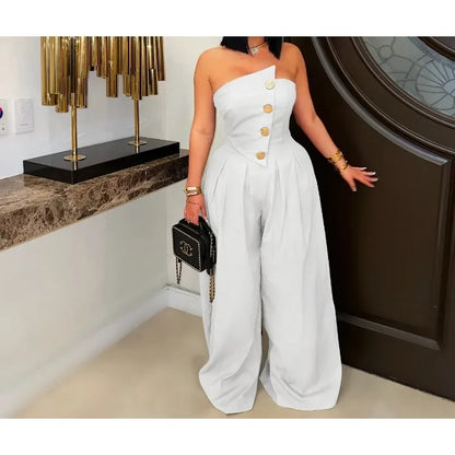 UNIKCOSA™ 2025 Summer Strapless Jumpsuit – Sexy High-Waist Button-Up Wide-Leg One-Piece | Women’s Sleeveless Fashion Outfit