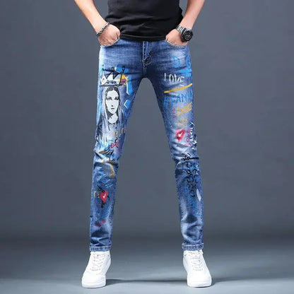 UNIKCOSA Men’s Washed Graphic Jeans – Slim Fit Stretch Streetwear Hip-Hop Trousers (Spring/Autumn Edition)