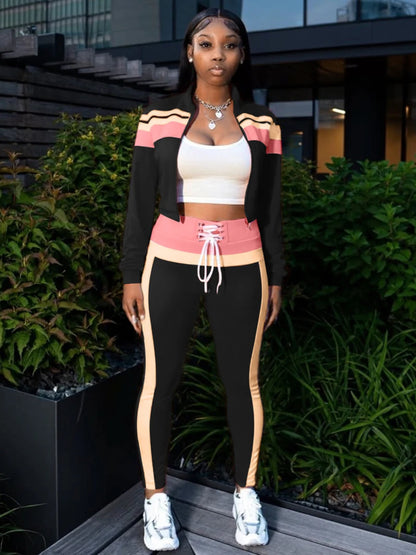 UNIKCOSA’s Color Block Tracksuit — Zipper Jacket + Pants 2-Piece Sporty Set