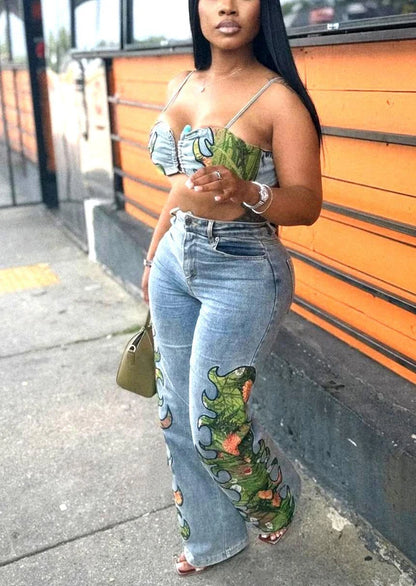 UNIKCOSA’s 2025 Floral Denim Set — Crop Top + Wide-Leg Jeans Streetwear Chic
