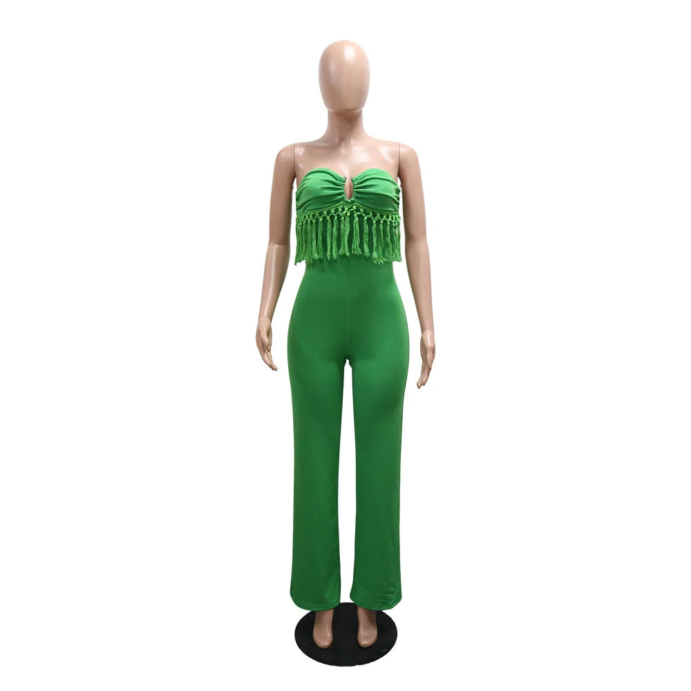 UNIKCOSA’s Fringe Bodycon Jumpsuit — Strapless Sleeveless One-Piece Streetwear